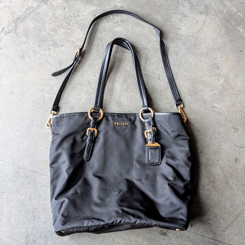 Prada Tessuto Vitello Daino Shopper Tote Shoulder Bag Black Nero